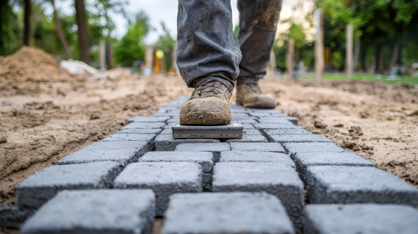 Work boots on a path of freshly laid paving stones.