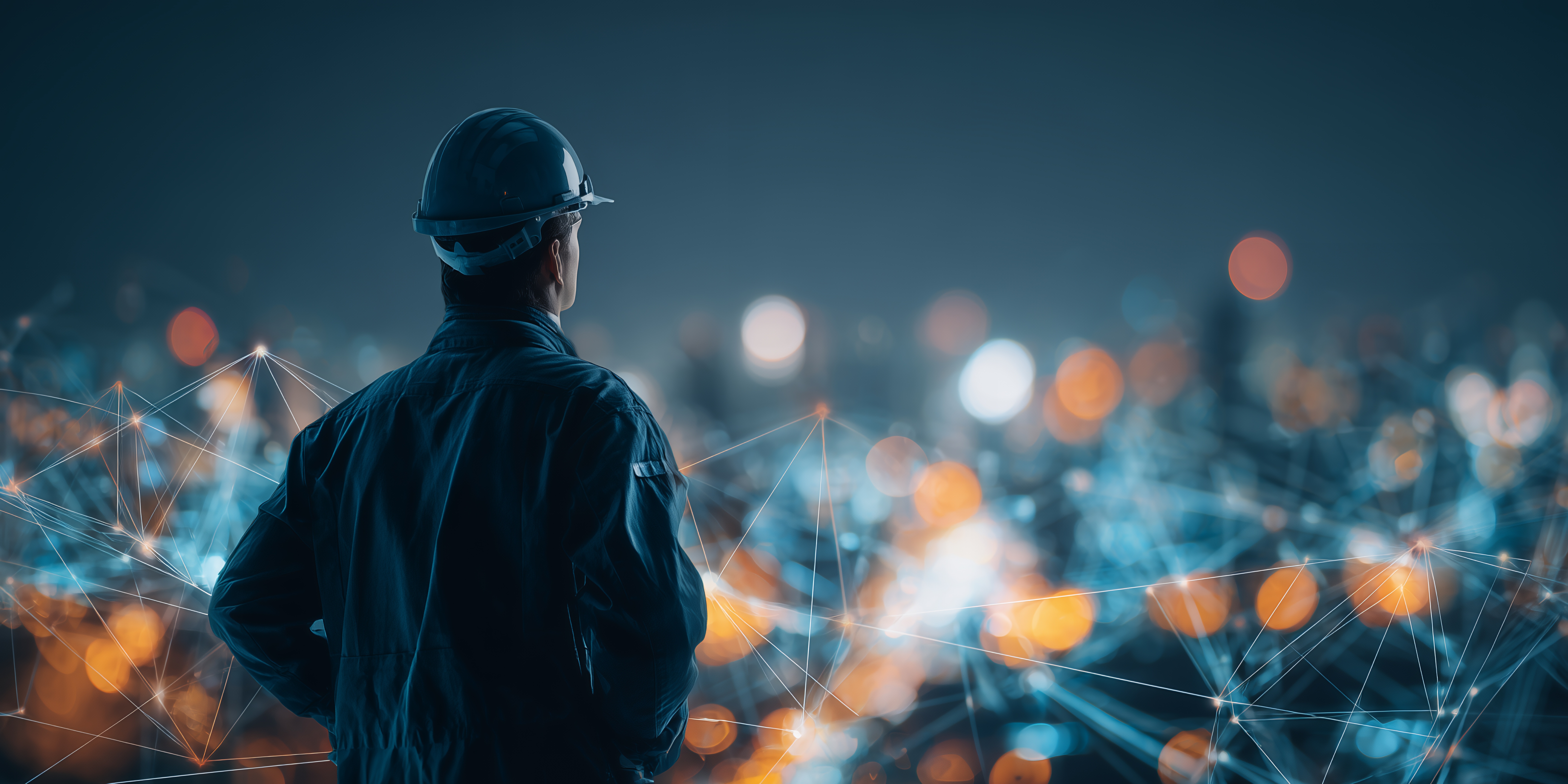 A hard-hatted worker overlooking a blue city with digital connections.